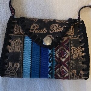 Hand Woven Puerto Rico Primitive Natural Leather Handbag Old Graphics